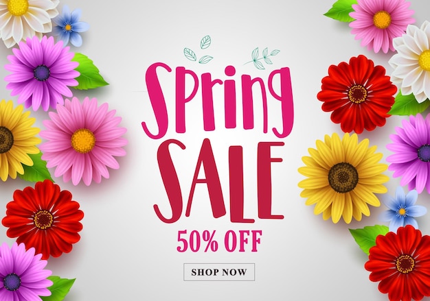 Spring sale vector banner design with template background of various colorful flowers.