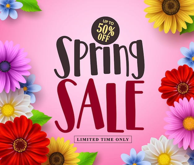 Spring sale vector banner design with text and colorful flowers like daisy and sunflower.