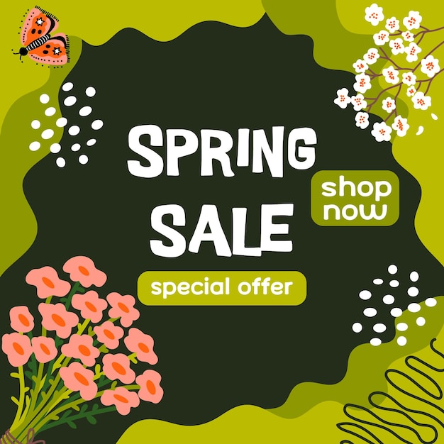 Spring SALE! Vector border for advertising and discount in the market. Cherry blossom branches, bouquet of flowers.