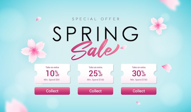 Spring Sale with Cherry blossom flowers on blue bokeh background vector design