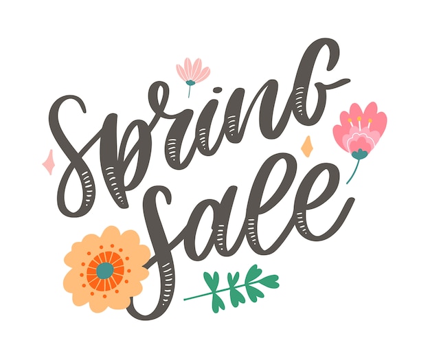 Spring Sale Word Hanging on Leaves with Strings.   Illustration flowers