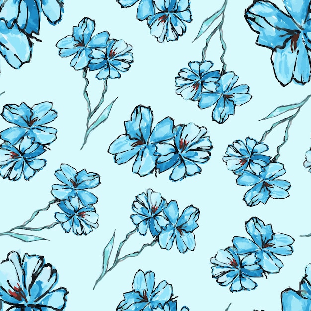 spring seamless pattern dark blue watercolor flowers on a blue background