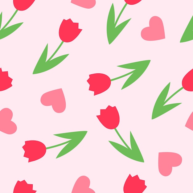 Spring seamless pattern in flat style with flowers and hearts on pink background