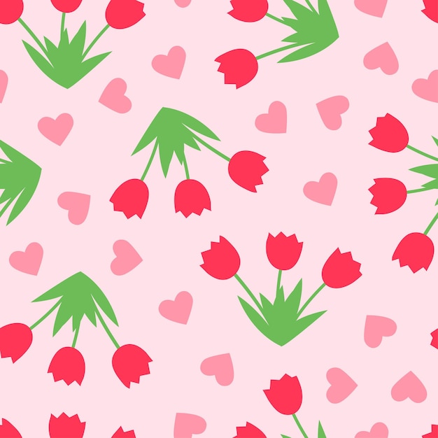 Spring seamless pattern in flat style with flowers and hearts on pink background