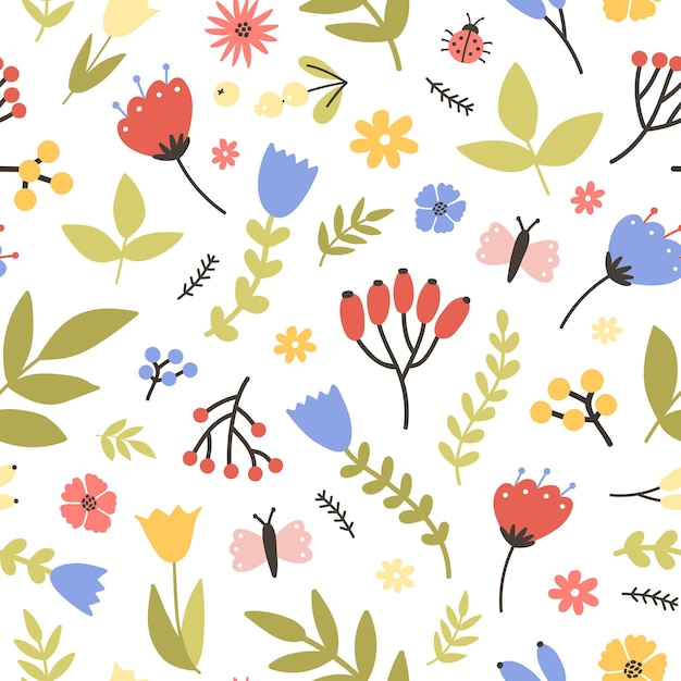 Spring seamless pattern with blooming plants on white. Floral backdrop with meadow flowers, berries, butterflies and bugs. Flat seasonal illustration for wallpaper, fabric print.