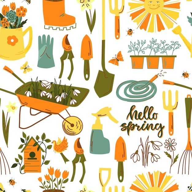 Spring seamless pattern with garden tools, flowers, birds, butterflies. Vector illustration.