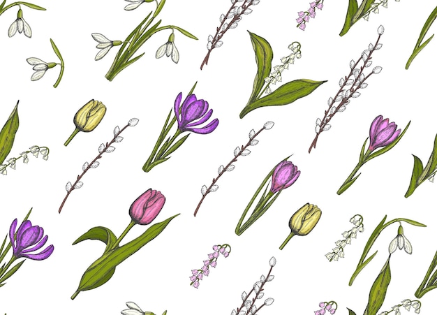 Spring seamless pattern with hand drawn flowers lilies of the valley