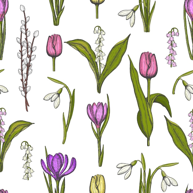 Spring seamless pattern with hand drawn flowers lilies of the valley