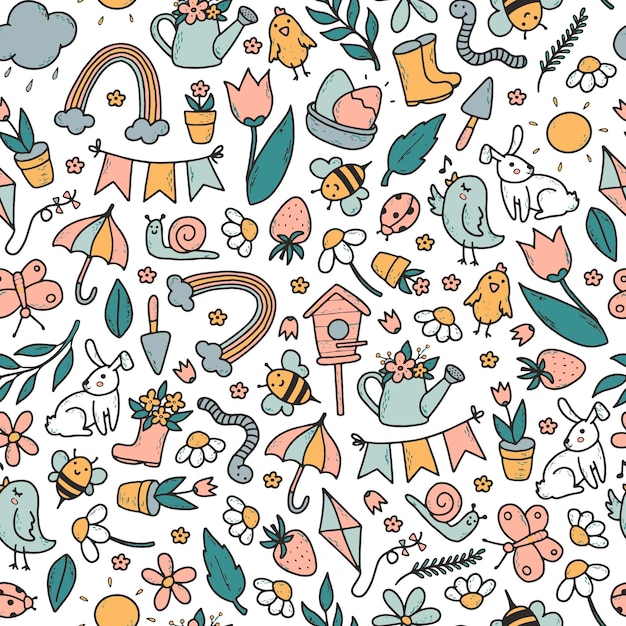 Spring seamless pattern with pastel doodles