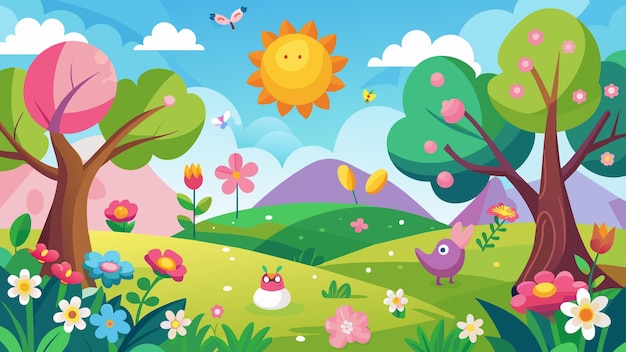 Spring season background with flowers trees and butterflies Vector illustration