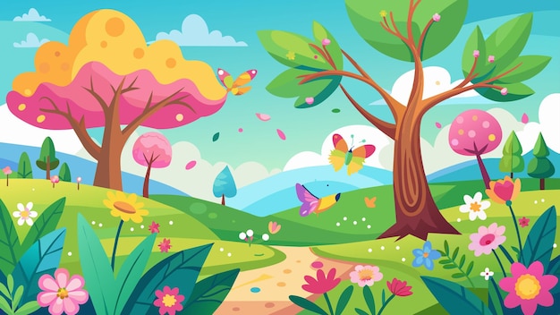 Spring season background with flowers trees and butterflies Vector illustration