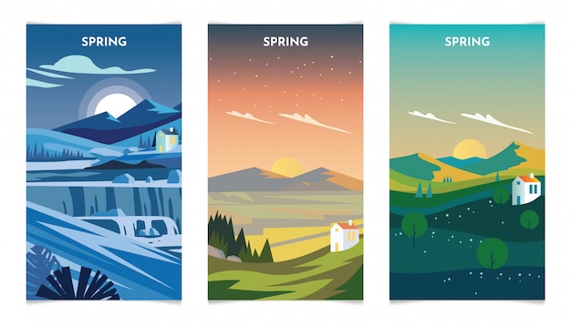 Spring Season Landscape at day and nigh illustration