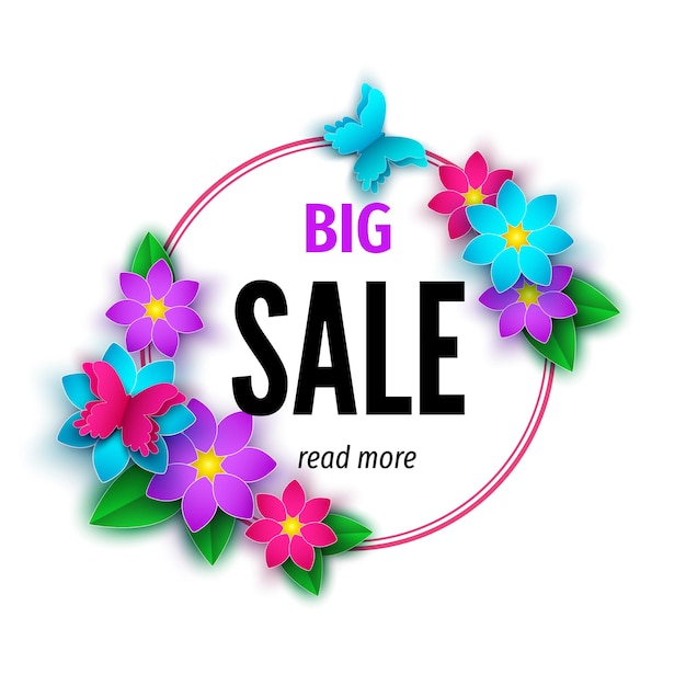 Spring season sale banner with flowers Clearance offer Floral colorful bright background Vector design elements for promotion offer fashion poster voucher greeting card