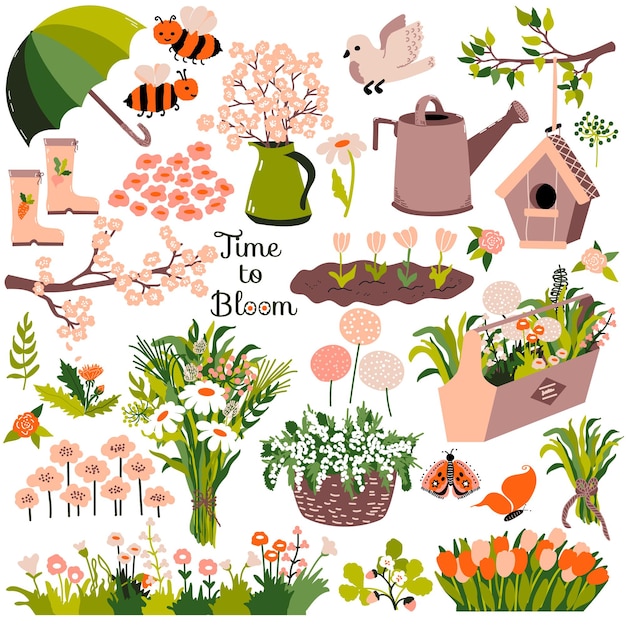 Spring set. Different  flowers, sakura, tulips, roses,  chamomile and plants, birdhouse, baskets and gardening decor. Vector