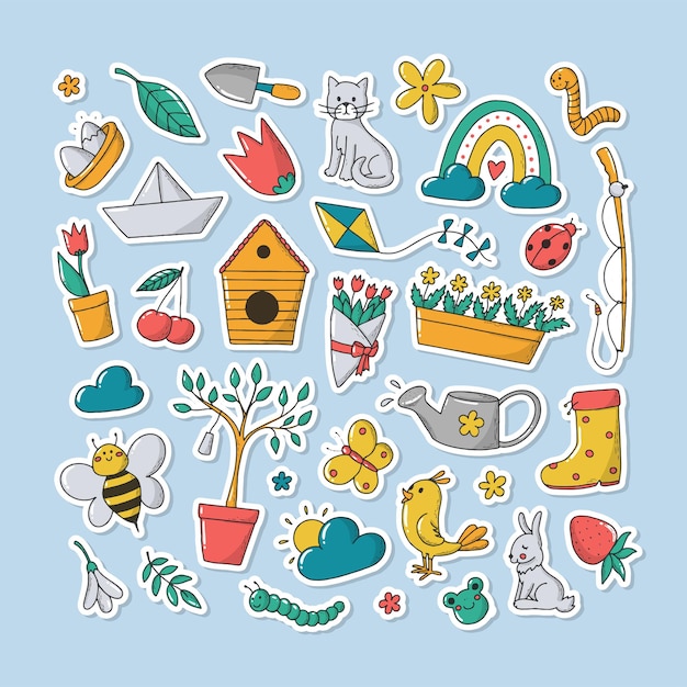 Spring stickers with white edge on blue background