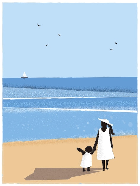 spring  summer beach background. Minimalist image of mother and kid  walking at the beach.Postcard