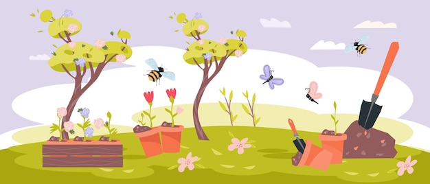 Spring or summer garden background flat vector illustration Seasonal gardening