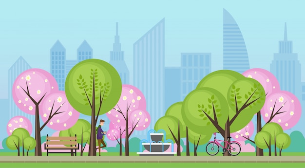 Vector spring summer public city park with sakura trees  illustration