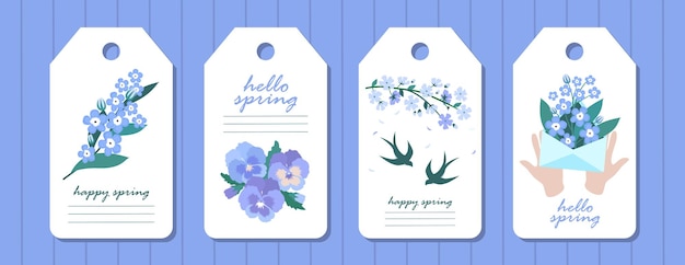 Spring tags set with violets. Swallows. An envelope with flowers. A bouquet of pansies.