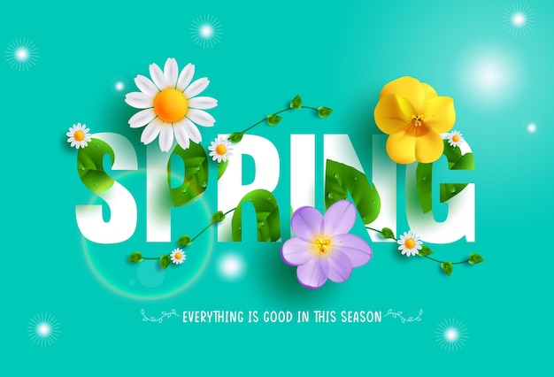 Spring text vector concept design. Spring typography with fresh leaves, vines and blooming flowers