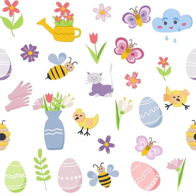 Spring time and easter collection of cute elements on white background egg bee cloud bird flower Perfect for cards stickers