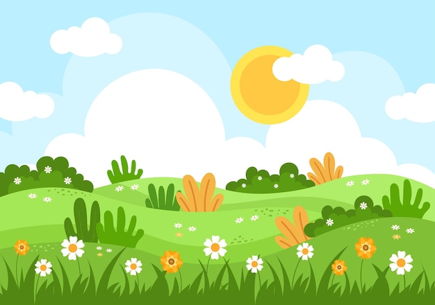 Spring Time Landscape Background with Flowers Season, Rainbow and Plant for Promotions, Magazines, Advertising or Websites. Nature Vector illustration