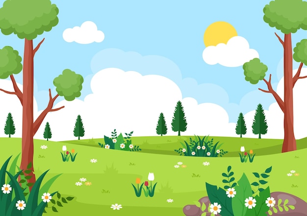 Spring Time Landscape Background with Flowers Season, Rainbow and Plant for Promotions, Magazines, Advertising or Websites. Nature Vector illustration