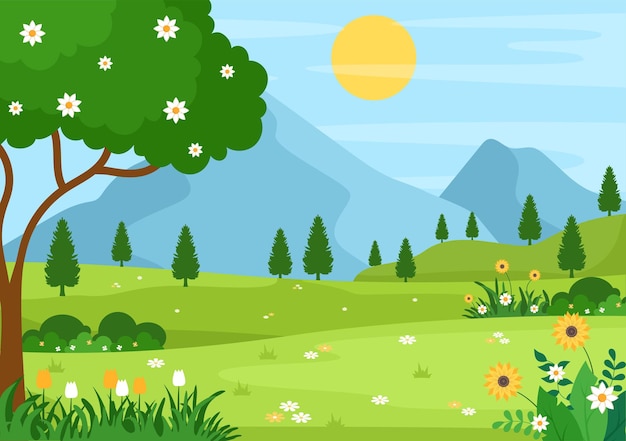 Spring Time Landscape Background with Flowers Season, Rainbow and Plant for Promotions, Magazines, Advertising or Websites. Nature Vector illustration