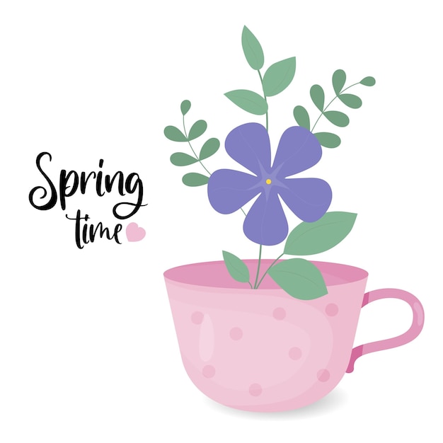 Spring time poster Periwinkle flower Blooming purple Vinca minor with leaves in cup