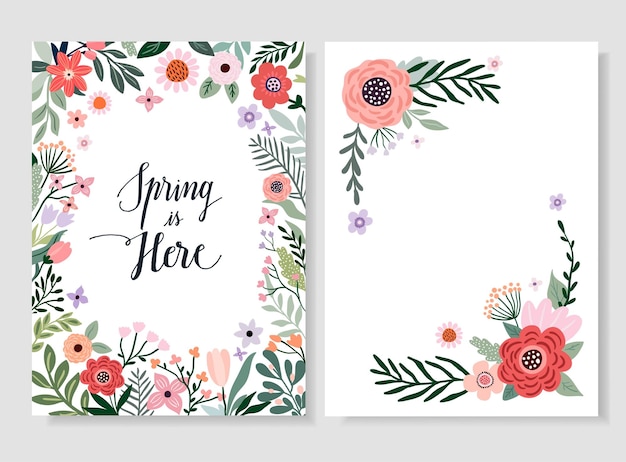 Spring time set with greeting cards, invitation, poster, floral frame, seasonal design