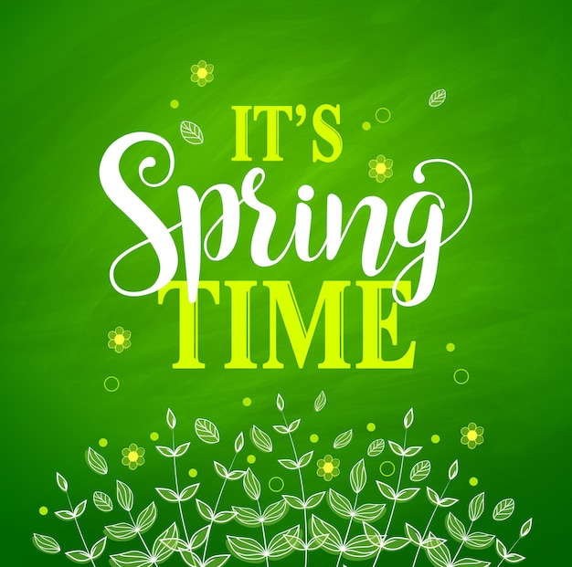 Spring time vector banner design in textured green background with plants and flowers elements.