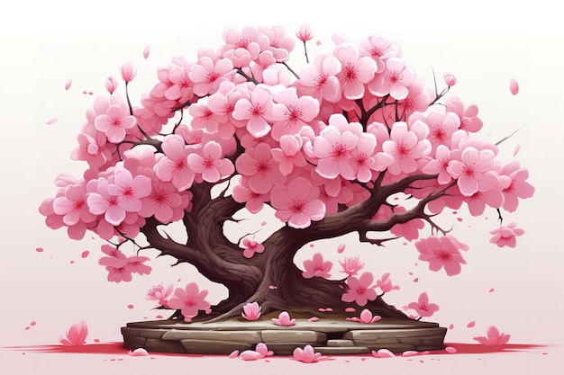 Vector spring tree vector nature illustration blossom japanese sakura wooden trunk pink crown isolated