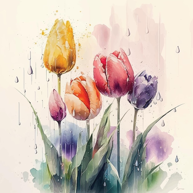 Spring tulips flower watercolor