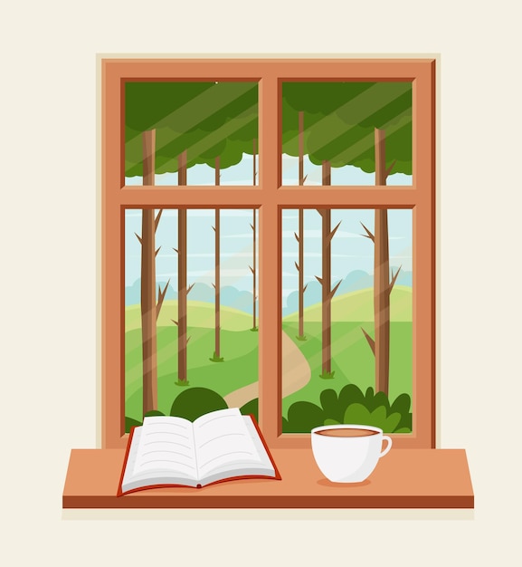 Vector spring window with landscape with a book and a coffee cup on the sill vector illustration in flat style eps 10