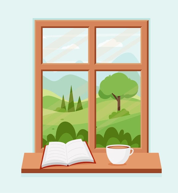 Vector spring window with landscape with a book and a coffee cup on the sill vector illustration in flat style eps 10