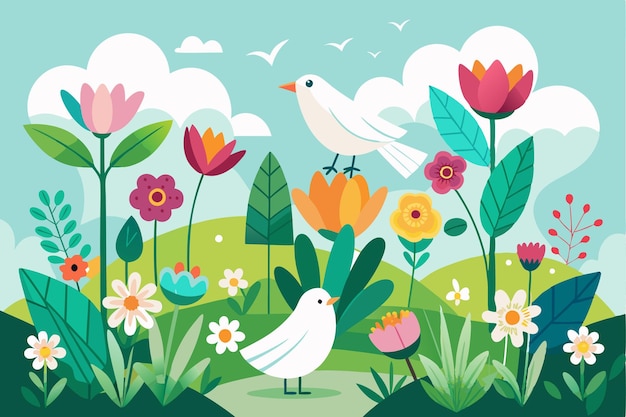 Vector spring with flowers and birds f