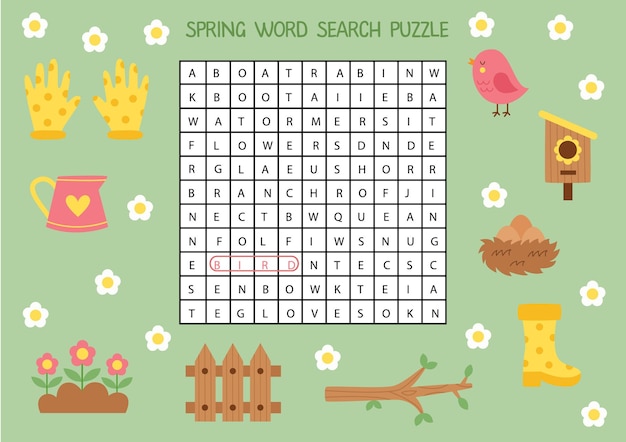 Spring word search puzzle for preschool kids