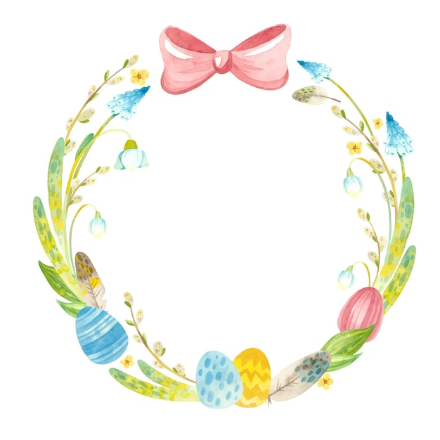 Spring wreath with Easter eggs, feathers and flowers illustration