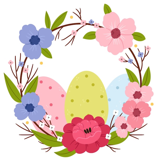 Spring wreath with pink and purple flowersEaster eggsFlowering treeHand drawn flat illustration