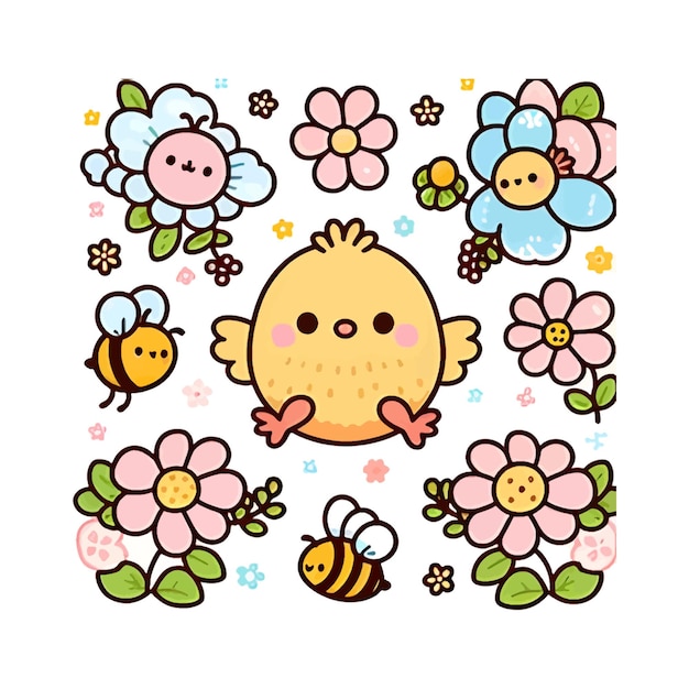 Springtime Chick and Flowers Vector Illustration