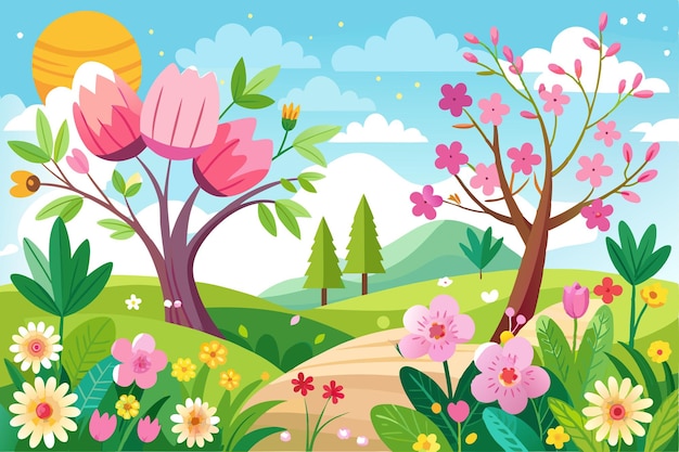 Vector springtime landscape with blooming flowers and trees