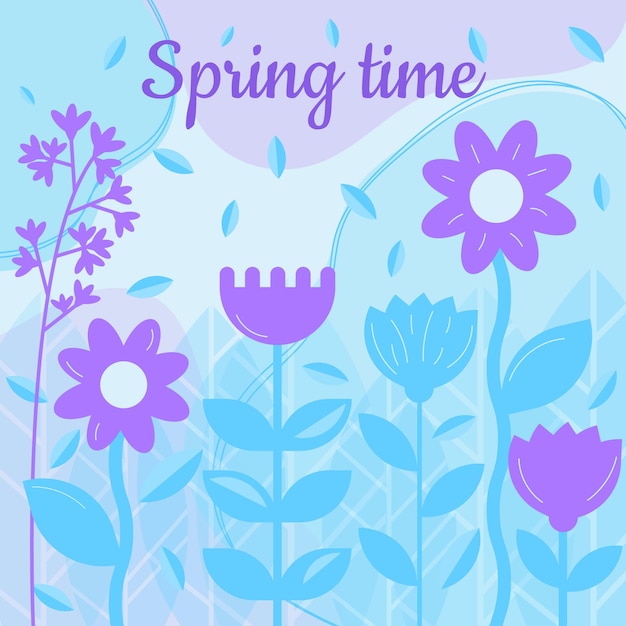 Vector springtime postcard in blue tones with purple flowers