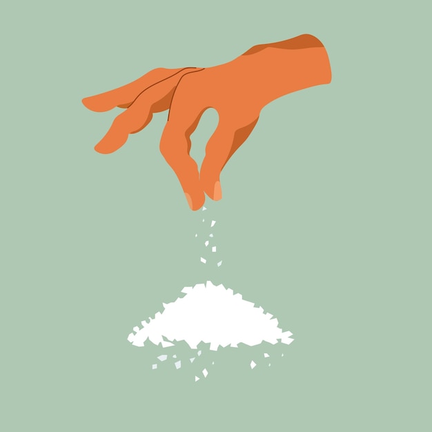 Sprinkle with salt. Salt in hand. Salt the dish. Flat design illustration. Isolated on background