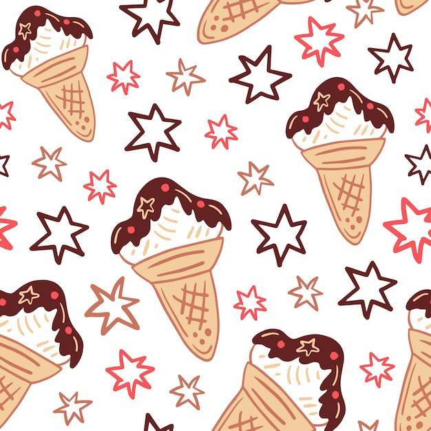 Sprinkles ice cream cone with stars seamless pattern