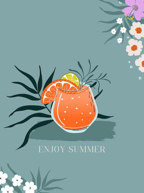 Vector spritz cocktail glass of summer fruit drink with grapefruit and lime slices and tropical decor