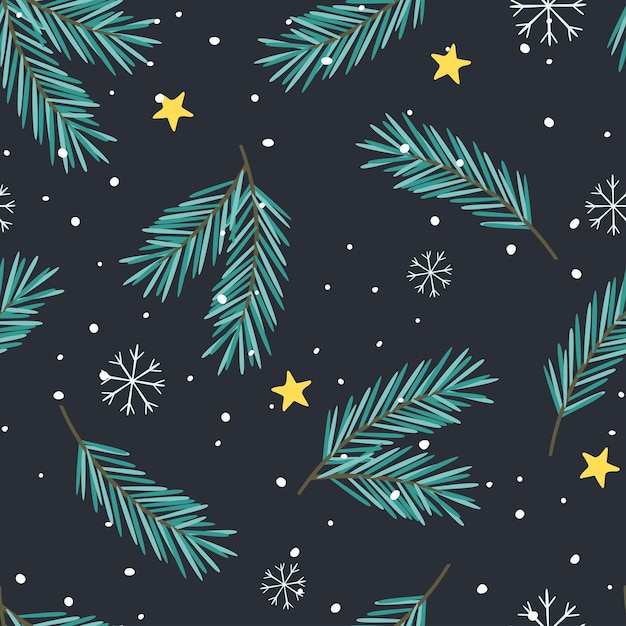 Spruce branches, snowflakes. Seamless background