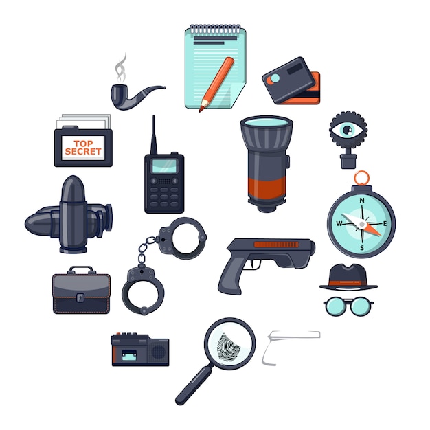 Spy icon set, cartoon style