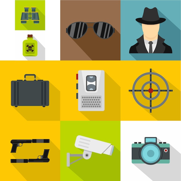 Spy icon set, flat style