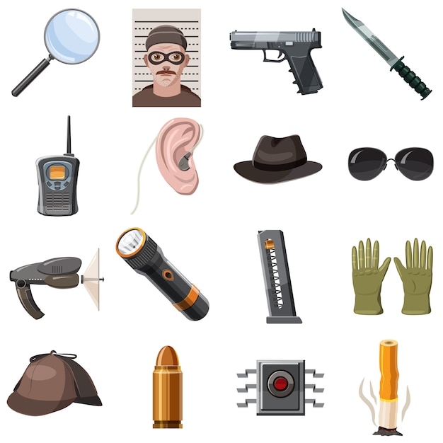 Spy icons set, cartoon style