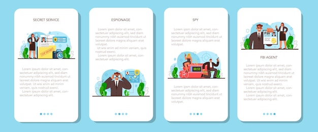 Spy mobile application banner set secret agent or fbi investigating crime